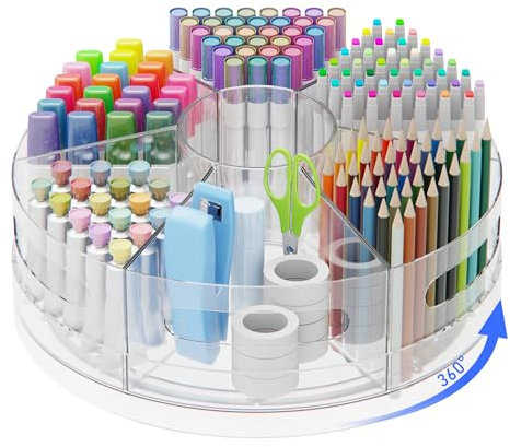 CraftGenes Pen Organizer for Desk - Acrylic Pen Holder with Hand Grips, 360° Extra Large Rotating Desk Organizer with 7 Removable Compartments for Office, Home, and Makeup Storage, Marker Organizer
