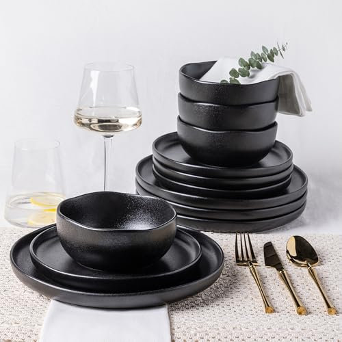 TheTerra Juego de vajilla de cerámica para 4, 12 piezas de porcelana ligera, juego de platos y cuencos resistentes a los arañazos, apto para horno, microondas y lavavajillas