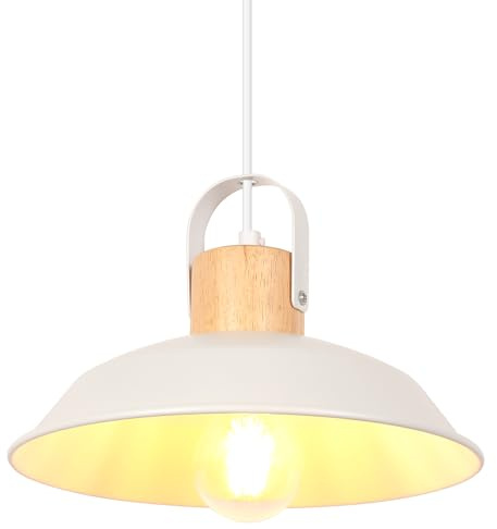iDEGU Retro Pendelleuchte 26cm Vintage Hängelampe Industrie Lampenschirm im Eisen mit Holzdekor E27 Fassung Modern Hängelleuchte für Küche Esszimmer Wohnzimmer Schlafzimmer Flur Restaurant (Weiß)