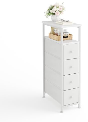 MUTUN Narrow 4 Drawers Chest Dresser, Bedroom Fabric Storage Drawer with Wood Top, Tall and Slim Cupboard Nightstand End Table Organizer Unit for Bathroom, Hallway, Living Room, Closet, Office White