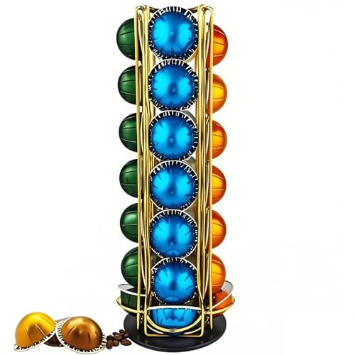 Wrobic Coffee Capsules Holder for 28 Nespresso Vertuo Pods, Coffee Pod Holder for Nespresso Vertuoline Pods, Rotating Design, Coffe Storage Rack for 28 Pcs Pods，Gold