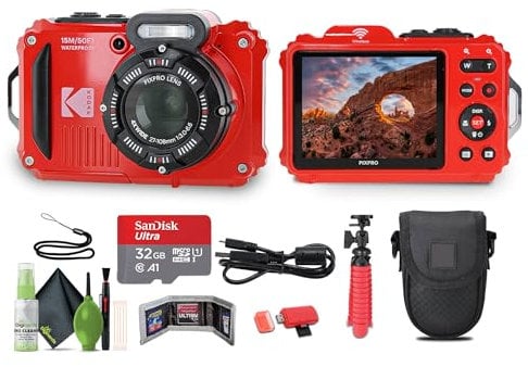 KODAK PIXPRO WPZ2 Rugged Waterproof Shockproof Dustproof WiFi Digital Vlogging Camera 16MP (Red) Bundle with 32GB Memory Card + Vlogger Tripod + Bag + Cleaning Kit + More Accessories
