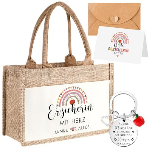 Tenare 4er Set Danke Geschenke zum Lehrertag Erzieherin Jute Einkaufstasche Metall Schlüsselanhänger mit Gravur Regenbögen Dankeskarte Umschlag Abschied Erzieherin Graduierung Schule(Erzieherin)