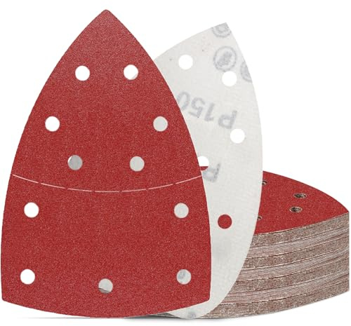 KONGMING 50 Pièces Papier Ponceuse Triangulaire Grain 150 11 Trous | 105x152 mm Hook and Loop Alumine Papier Abrasif pour Ponceuse pour Ponceuses de Détail Bois Métaux Polissage