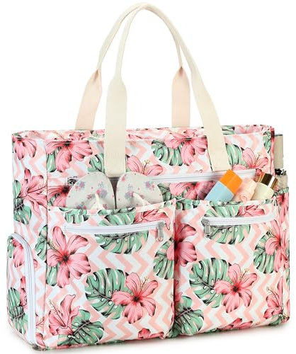 Strandtasche XXL, Groß Strandtasche mit Schuhfach Wasserdicht Sanddicht, Weekender Damen Faltbar Ultraleicht Badetasche mit Reißverschluss für Urlaub Reisen Fitnessstudio Picknick (Rote Blume)