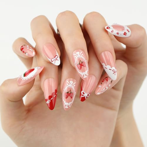 24Pcs Almond Press on Nails, Fake Nails Pink Strawberry Pearl Design, Full Cover False Nail with Glue, Summer Removable Stick On Nail, Acrylic Tips for Women Girls Nail Art Decoration