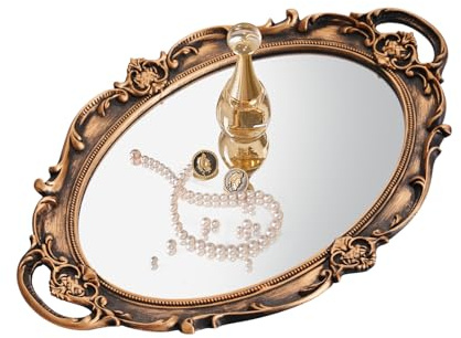 XPXKJ Vintage Gold Mirror Tray Vanity Tray for Dresser Perfume Storage Decorative Mirrored Glass Tray Coquette Room Decor, Bedroom, Bathroom Oval Antique Serving Makeup Organizer
