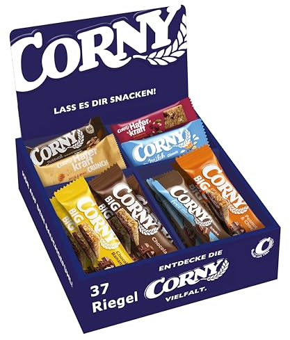 Corny Mix Box | Thekendisplay für Büro & Empfang | 37 Riegel | 8 Sorten | Für Büro & Meeting | Thekendisplay zum Selbstzugriff | 8 verschiedene Sorten | Hotellerie & Kiosk | Süße & herzhafte Vielfalt