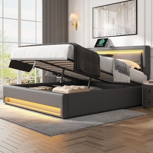 ModernLuxe Upholstered Super King Size Bed, 6FT Bed Frame with Hydraulic Lever, Functional Storage Ottoman Bed with LED lighting, USB port Wireless & Wired Charging, PU-Lychee Design, Grey, 180x200cm