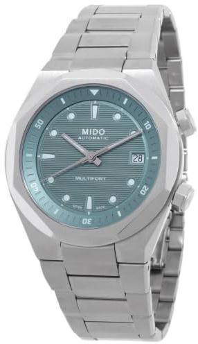 MIDO Multifort 8 Two Crowns Schweizer Automatikuhr für Herren, Edelstahl, Gehäuse 40 mm, achteckige Lünette, Grau, Edelstahl, 25 mm Bandbreite / 19,9 cm, modernes Armband
