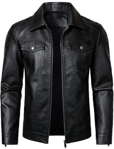 HOOD CREW Mens Leather Jacket Motorcycle Biker Jackets Casual Lightweight Faux Leather Outwear Black L