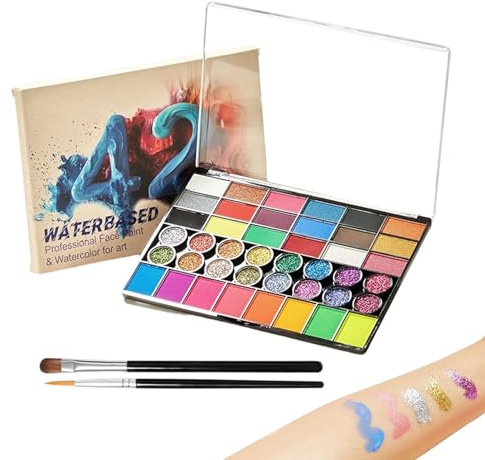 Kit de pintura facial, 42 colores, no tóxica y lavable, para niños y adultos, maquillaje para Halloween, fiesta de Navidad, incluye 2 pinceles