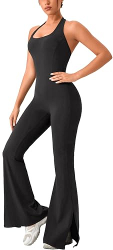 FEOYA Damen Flared Jumpsuit Rückenfrei Ärmelloser Sport Jumpsuit Yoga Lang Overalls Einteiler Ganzkörperanzug Bodycon Gym Bodysuit Schwarz L