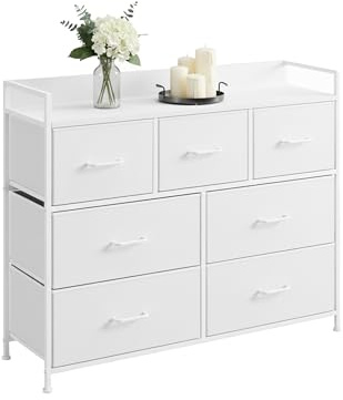 Relaxdays Kommode, 7 Stoffschubladen, Metall, MDF, weiß | HxBxT: 98 x 85 x 28,5 cm, Wohnzimmer, Flur, Beistellkommode