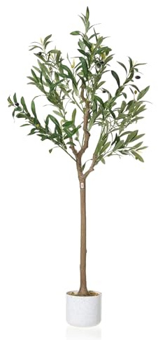 Garvee Kunststoff-Olivenbäume, Künstlicher Olivenbaum Mit Weißem Pflanzkübel, Kunstpflanzen Mit Realistischen Blättern Und Früchten Für Die Wohn-, Haus- Und Bürodéko (120cm 14 Oliven)