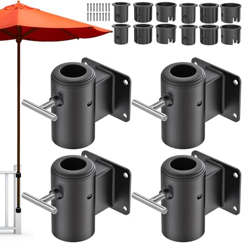 Dolibest Parasol Clamp Balcony, Patio Umbrella Holder Stand Tube 4pcs Balcony Sun Umbrella Deck Railing Wall Mount Bracket Garden Backyard Space Saving with 3 Size Sleeve for 3-5cm Pole on Flat, Black