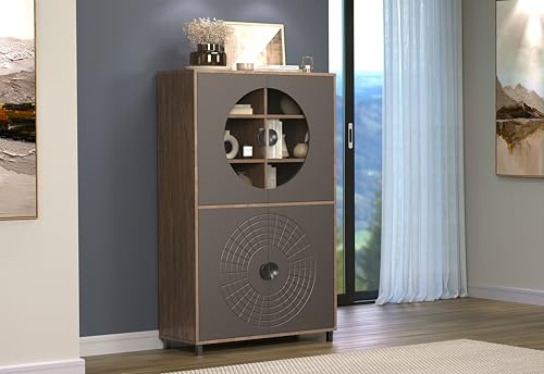 trendteam smart living Fusion Highboard Dunkelbraun/Perlbronze Wohnzimmerschrank Elegantes Kreismuster (BxHxT) 120 x 163 x 42 cm Vitrine chinesischer Stil Soft-Close