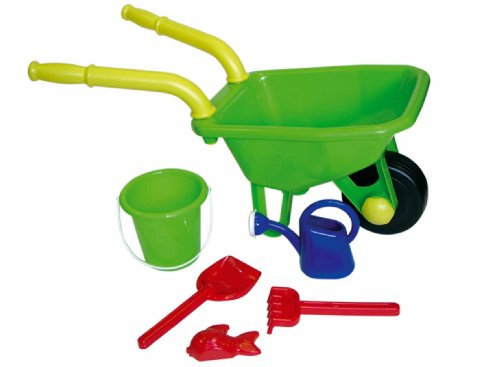 PETERKIN | Wheelbarrow Playset Toy Age 3+ | 70cm plastic wheelbarrow with moving wheel, plus bucket, watering can, rake, shovel and sand mould | Outdoor Toys | Garden Toys | Ages 3+ assorted colours