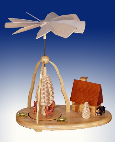 Weihnachtspyramide mit Rehe + Haus Tischpyramide Pyramide 23cm Erzgebirge NEU