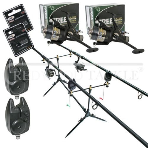 Complete Carp Fishing Setup 2 x Rods, Reels, Alarms & Batteries, Pod