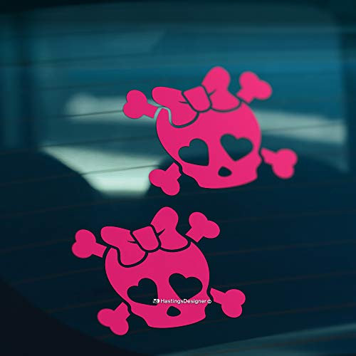 HastingsDesigner 2x GIRLY SKULL BOW Car,Bike,Bumper,Window JDM DUB EURO Vinyl Decal Stickers (Pink)