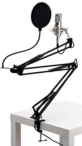 Microphone à condensateur studio Pronomic CM-100S à grande membrane XLR incluant anti-pop et bras de microphone (avec suspension, étui, pare-vent, adaptateur, mini pare-vent, pince de table) argent
