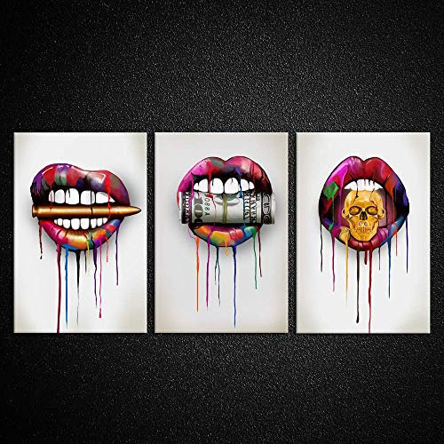 Kreative Arts 3 Stück Leinwanddrucke abstrakte Lippen mit Kugel Geld Dollar und Schädel Wandkunst Gemälde Holzrahmen Moderne Wohnkultur für Männerhöhle Schlafzimmer Wände Dekor Büro Bar Ideales
