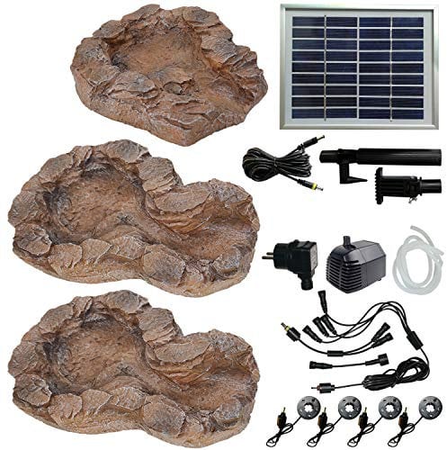 AMUR Solar GARTENBRUNNEN Bachlauf QUELLBACH II mit LED-Licht/Hybrid-System, 230V ZIERBRUNNEN VOGELBAD Wasserfall GARTENLEUCHTE TEICHPUMPE - SPRINGBRUNNEN WASSERSPIEL für Garten, Gartenteich, Teich