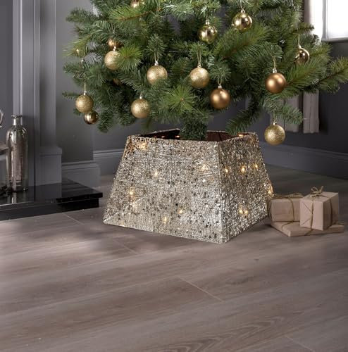 Taylor & Brown Christmas Tree Skirt with 35 LED Lights Stand Base Xmas Natural Folding Collar Basket Cover Decoration Tidy Home Decor 50 x 30 x 30cm, Champagne Gold