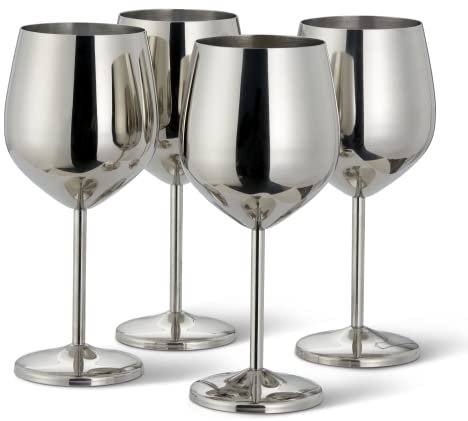 Oak & Steel - 4 Elegante Edelstahl Weingläser (540ml) - Silber - Robust & Unzerbrechlich - Geschenkset für Geburtstage, Hochzeiten, Weihnachten