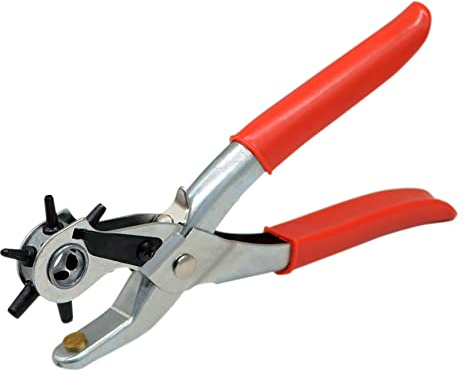 Leather Hole Punch Tool Set Heavy Duty 6 Size Revolving Leather Belt Hand Hole Puncher for Belts, Watch Bands, Straps, Dog Collars, Saddles, Shoes, Fabric, DIY Home or Craft Projects (9'', Silver/Red)