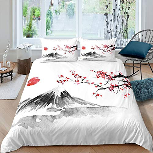 Double de Style Japonais avec Housse de Couette en Microfibre Douce avec et Attaches Montagne Fuji Exotique pour Filles,Femmes,Hommes,Fleurs de Cerisier Rouge