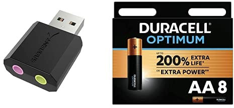 Sabrent USB External Stereo Sound Adapter for Windows and Mac. Plug and play No drivers Needed. (AU-MMSA), Black + Duracell NEW Optimum AA Alkaline Batteries [Pack of 8] 1.5 V LR6 MX1500