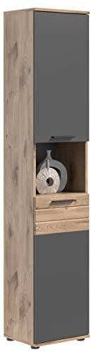 xonox.home Badezimmer Mason Hochschrank Schrank Kommode hoch Badschrank hochschrank Bad Hochschrank schmaler Schrank in Front Basalt grau Nb. Korpus Nox Oak, ca.37x190x34 cm