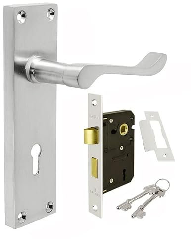 HANDLESTORE Victorian Scroll Locking Lever Door Handle on Backplate – Satin Chrome Interior Handles with 2.5 Mortice Sash Lock & Screws (Pair)