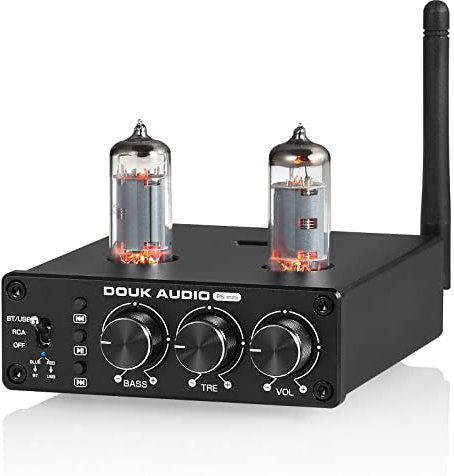 Douk Audio P6-Mini HiFi Bluetooth Röhrenvorverstärker Mini Stereo Valve Vorverstärker Tube Preamp mit Treble Bass Control für das Hauskinosystem
