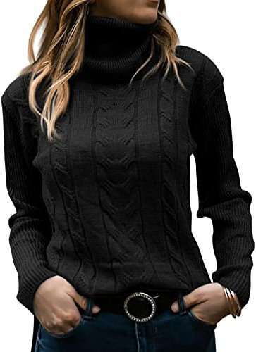 GeGekoko Suéteres de cuello alto para mujer, punto trenzado, manga larga, suéter suave, Negro, S