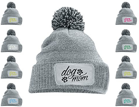 Dog Mom | Hundeliebhaber Pudelmütze | Bommelmütze | Strickmütze für Damen Hundebesitzer (Grau)