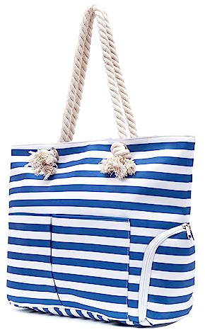 Neusky Große Strandtasche Damen Beach Bag Einkauftasche mit Reißverschluss und Schuhfach für Pool Fitnessstudio Picknik Reisen (Streifen-Blau)