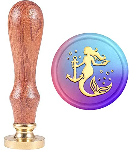 MAYJOYDIY Meerjungfrau Motiv Wachs Siegel Stempel Siegelwachsstempel 30mm Abnehmbarer Messingkopf Holzgriff Anker Muschelmuster Siegelstempelset Für Hochzeitseinladungen Geschenkkarten Papierumschläge