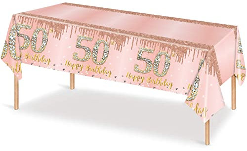 137*274cm Rose Gold 50th Birthday Table Cloth 50th Party Table Decorations,50th Birthday Tablecover Rose Gold Plastic Disposable Waterproof Table cover for Women Her Birthday Party Decorations