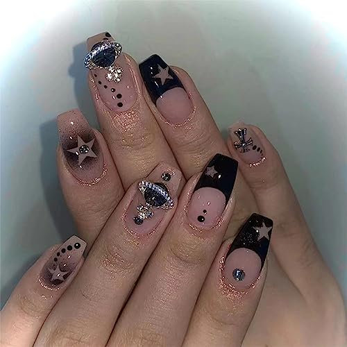 24pcs French False Nails Black Star Stick on Nails Rhinestone Press on Nails Removable Glue-on Nails Fake Nails Women Girls Nail Art Accessories