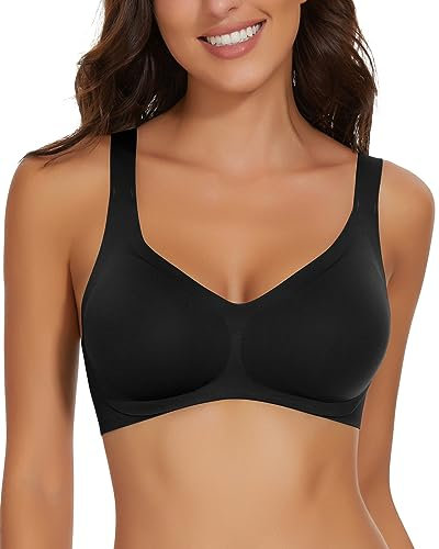 WOWENY Damen BH ohne Bügel Bequemer Seamless BHS trägerverstellbarer Softschalen BH Minimizer-BHS Seamless Push Up Tshirt BH Soft,Schwarz,L