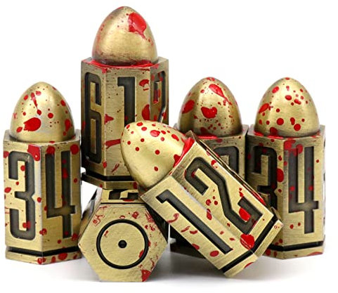 Bullet Metall Würfel Set, DND Würfel 6er D6 Würfel, ZHOORQI Blutfleck Polyedrische Würfel für D&D Dungeons & Dragons Würfel Zubehör Geschenk (6Bullet - Bronze)