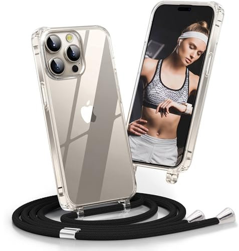 COBATREE Clear Phone Case for iPhone 15 Pro Max, Lanyard Rope Crossbody Shockproof Phone Pouch Cover with Adjustable Strap for Outdoor Travel-Black