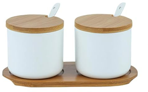Yhuasia 2 Pcs 230ml Céramique Sucrier Rond Seasoning, Pot Gros Sel, Pot a Epices, Boîte Avec Cuillère et Couverture de Bambou（Blanc