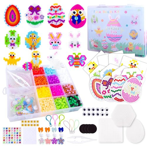 Wzone Bügelperlen Set für Kinder Ostern, 4200 Stück Steckperlen 5mm mit Aufbewahrungsbox, Bügelperlen Platten 12 Oster-Muster DIY Puzzle Set Kreative Geschenk Ostereier für Mädchen Jungen