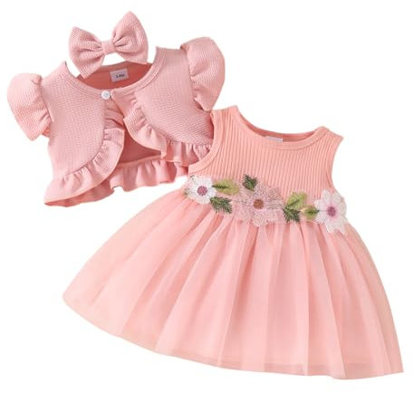 Carolilly 3 Pezzi Completo Bambina Stampa Floreale Vestito Battesimo Bambina Abito Estivo in Tulle Neonata Coprispalla Elegante+Abito Principessa da Cerimonia+Fascia (Rosa, 9-12 Months)