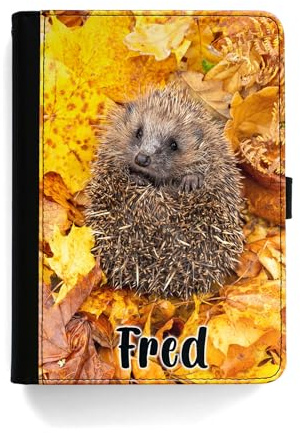 Personalised Initial Case For All Apple iPad Models 10, 9, 8, 7, 6, Air 11, Pro 12.9,13 inch, Mini, Orange Autumn Leaf Hedgehog Case with Name 360 Swivel PU Leather Side Flip Folio Cover