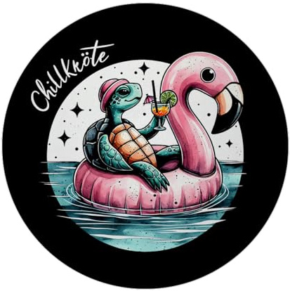 Schildkröte auf Flamingo-Schwimmring Magnet rund mit Spruch Chillkröte Perfekt für Meer-Liebhaber Schildkröte sitzt auf Flamingo-Schwimmring und trinkt Cocktail im Wasser